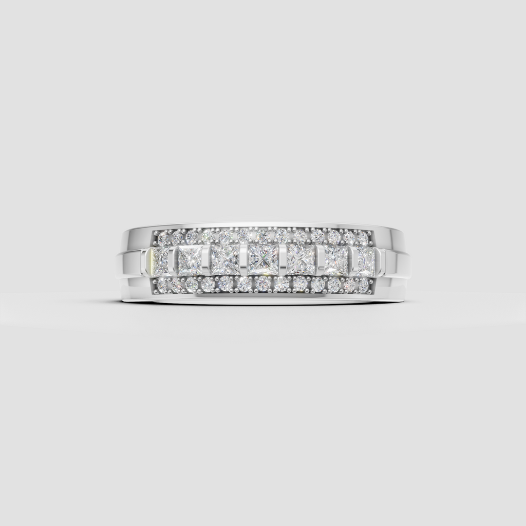 Yellow gold princess diamond band with rows of round diamond accents