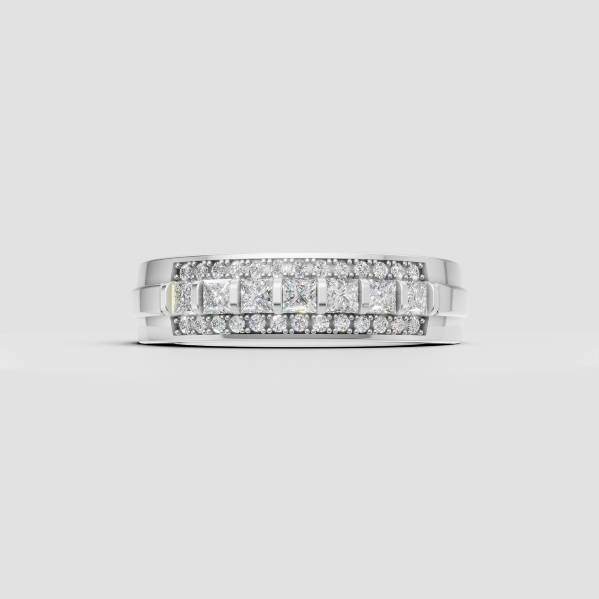 Yellow gold princess diamond band with rows of round diamond accents