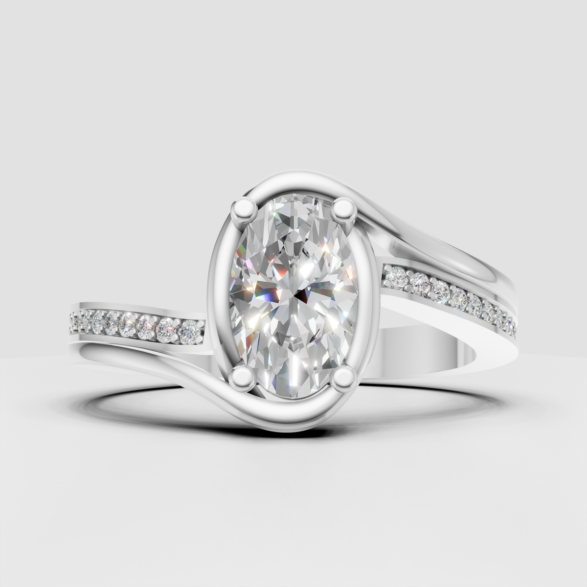 Modern oval cut diamond ring with pave diamond accented shoulders