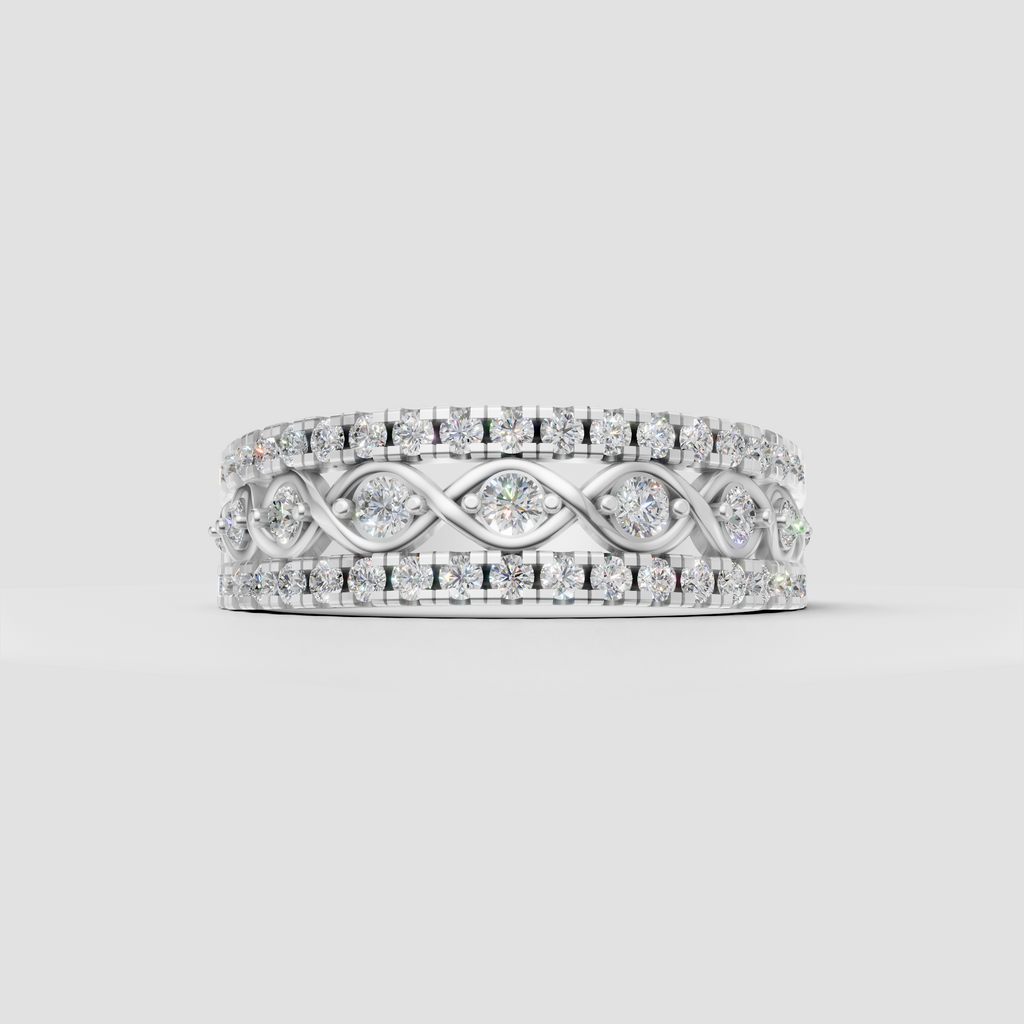 Intricate yellow gold diamond ring with braided center pattern