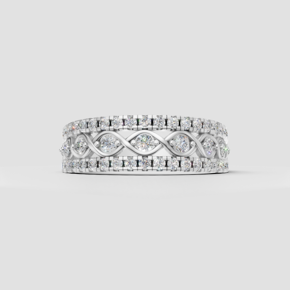 Intricate yellow gold diamond ring with braided center pattern
