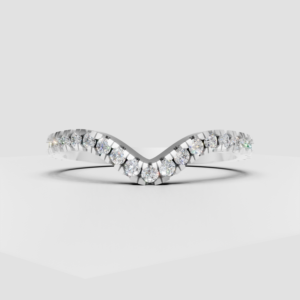 Curved round diamond wedding band with chevron silhouette