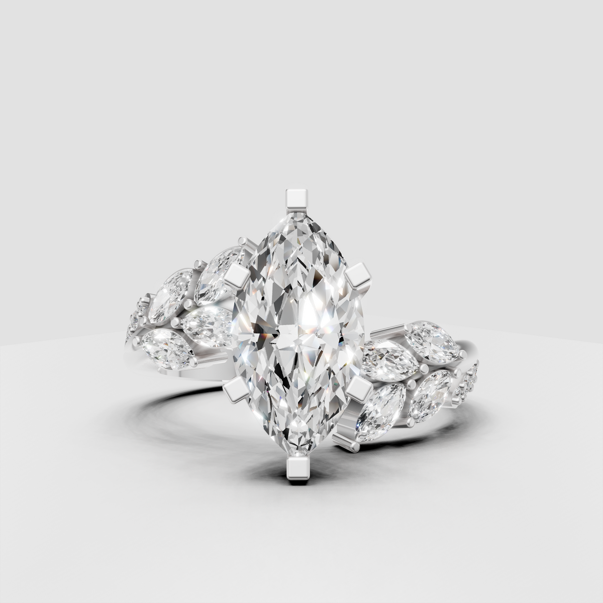 Yellow gold marquise diamond ring with sculpted split shank