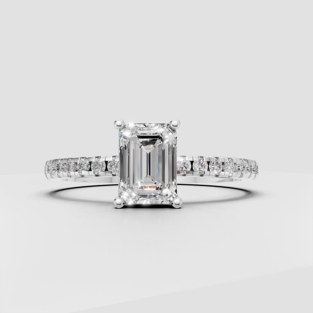 Emerald cut canter stone engagement ring with round pavé diamonds