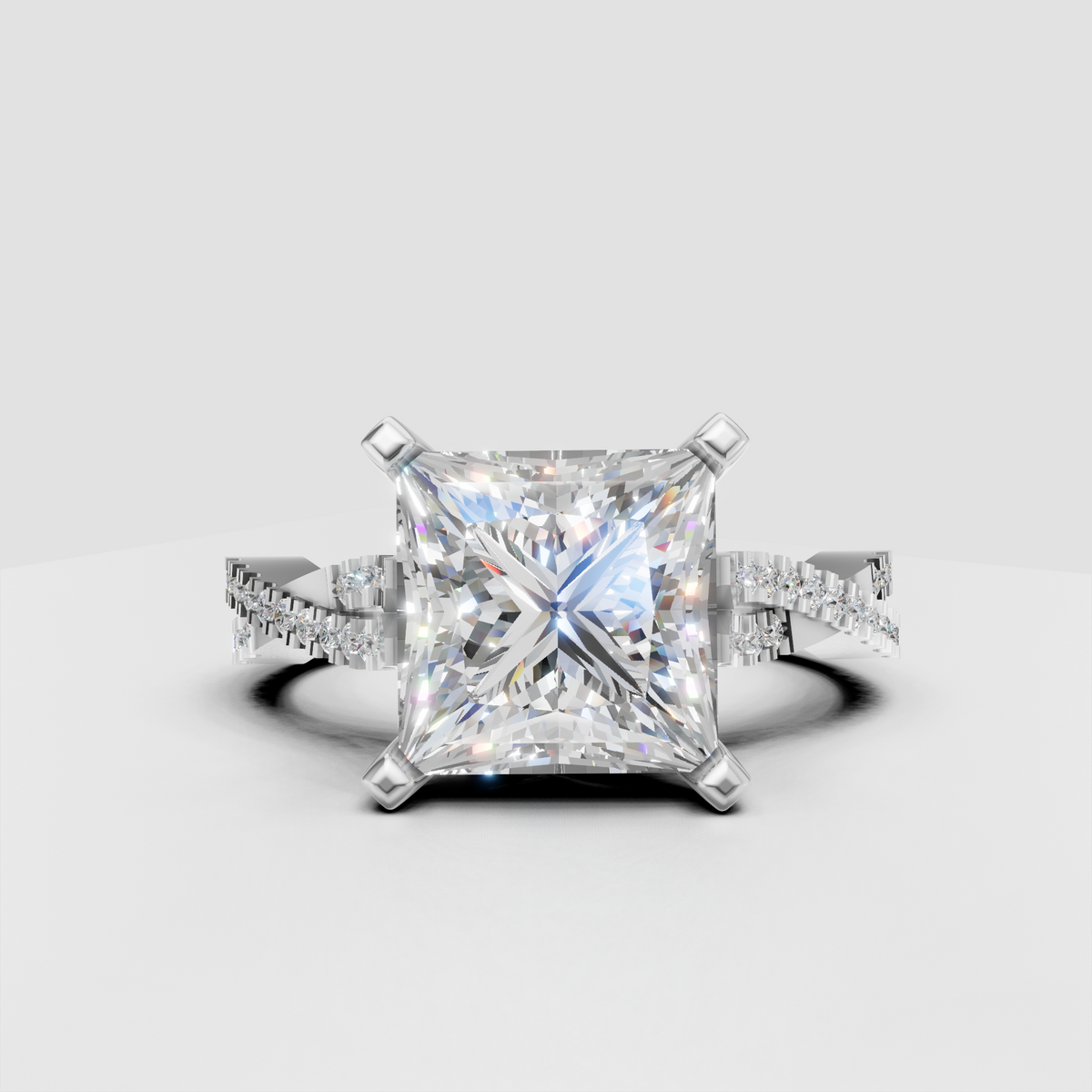 Luxury princess-cut diamond engagement ring with detailed pave band 