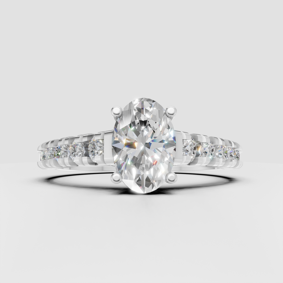 Elegant oval engagement ring with a polished gold pavé band