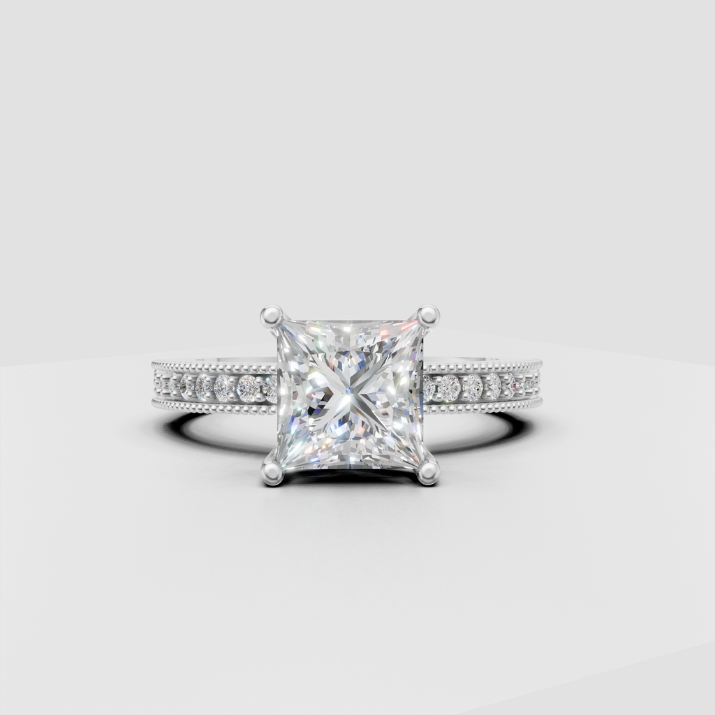 Princess diamond ring with sparkling side stones and double beaded band borders