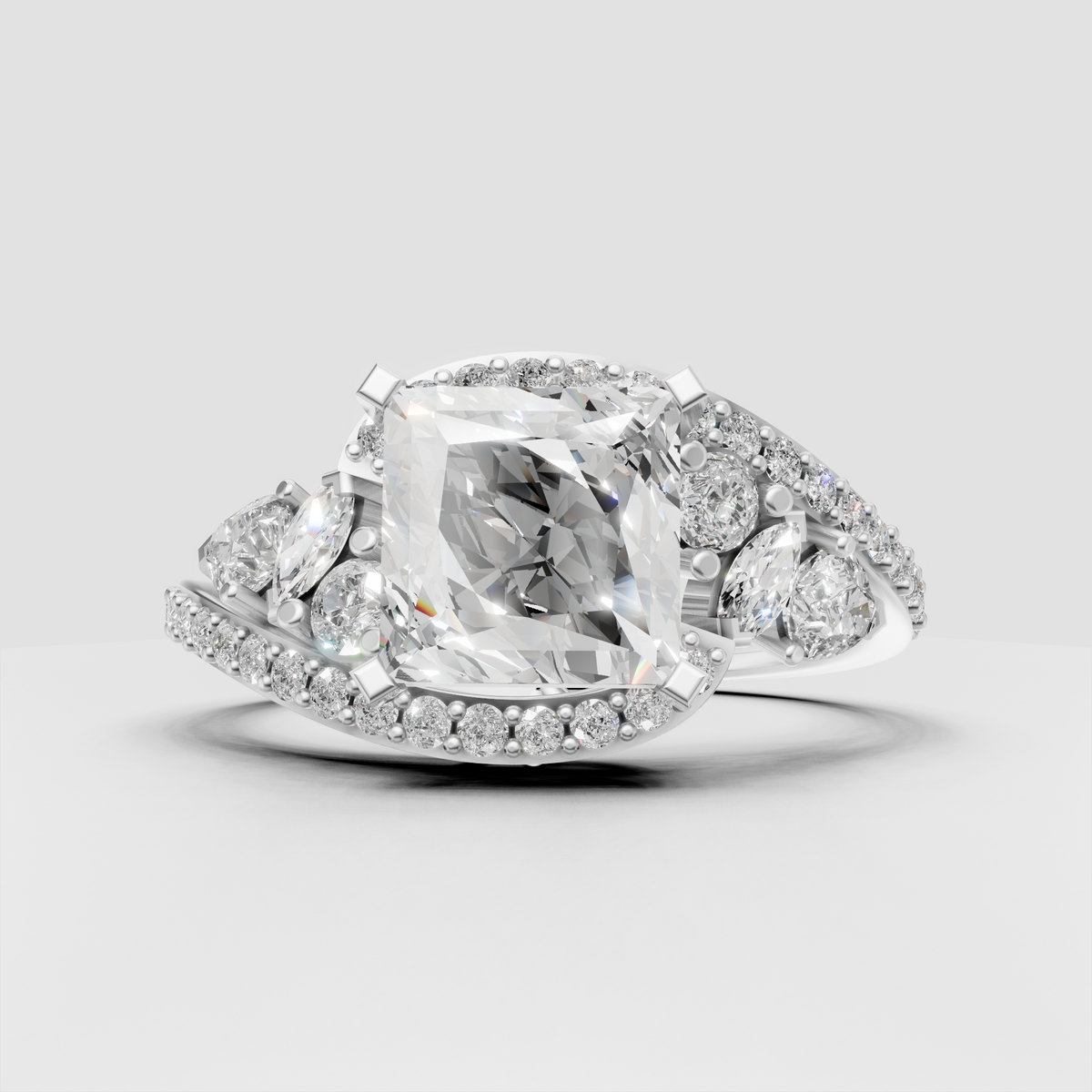 Luxury princess cut bypass engagement ring with diamond accented shoulders