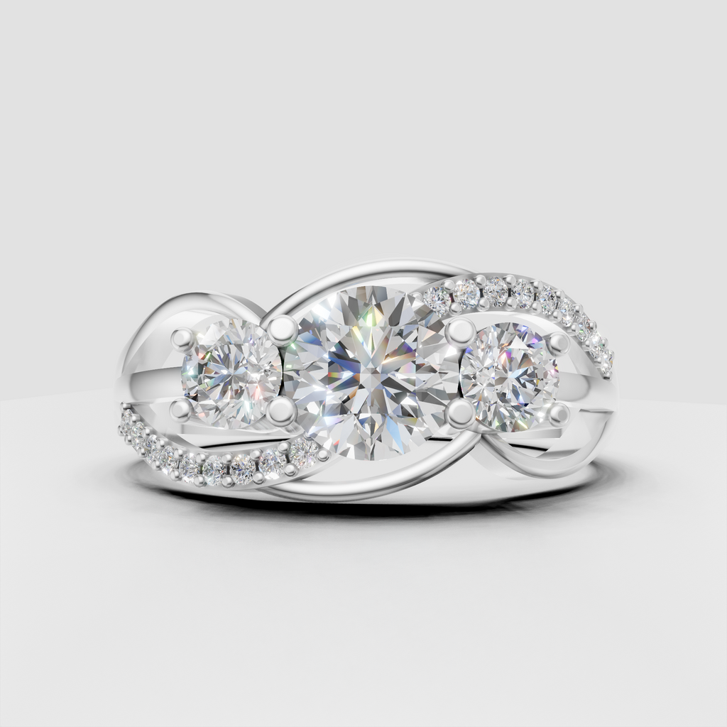 Round diamond engagement ring featuring three prominent stones