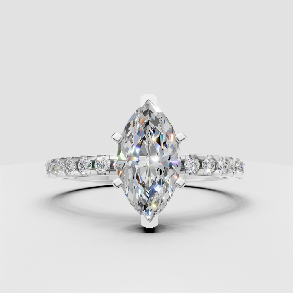 Luxury marquise diamond cathedral engagement ring in yellow gold