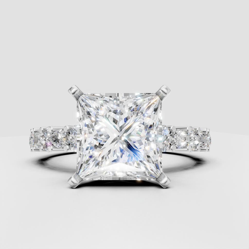Luxury princess cut diamond engagement ring with sparkling side stone details