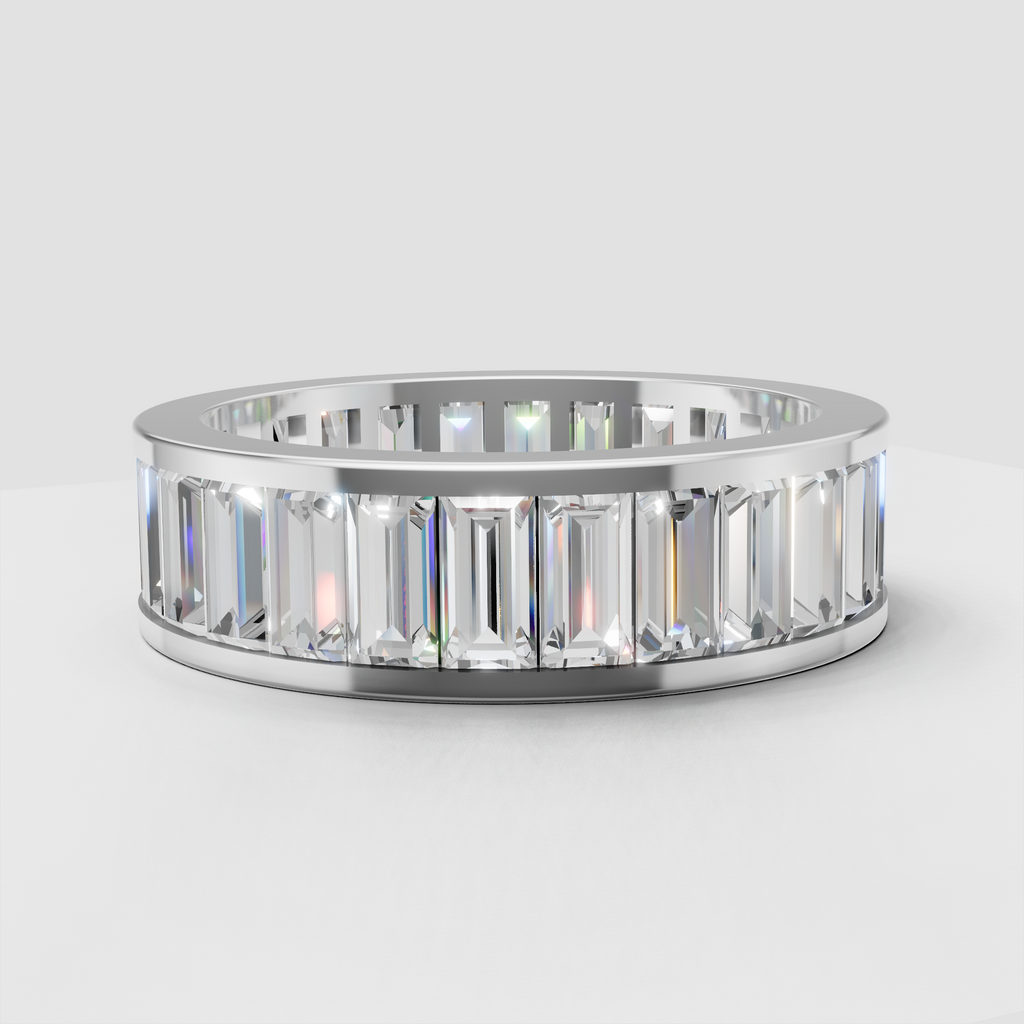 Channel set baguette diamond eternity ring close-up