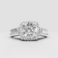 Round center diamond surrounded by a double halo of sparkling stones