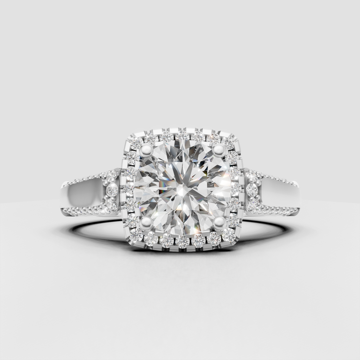 Round center diamond surrounded by a double halo of sparkling stones