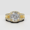 Cushion cut diamond halo engagement ring in yellow gold