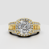 Cushion cut diamond halo engagement ring in yellow gold