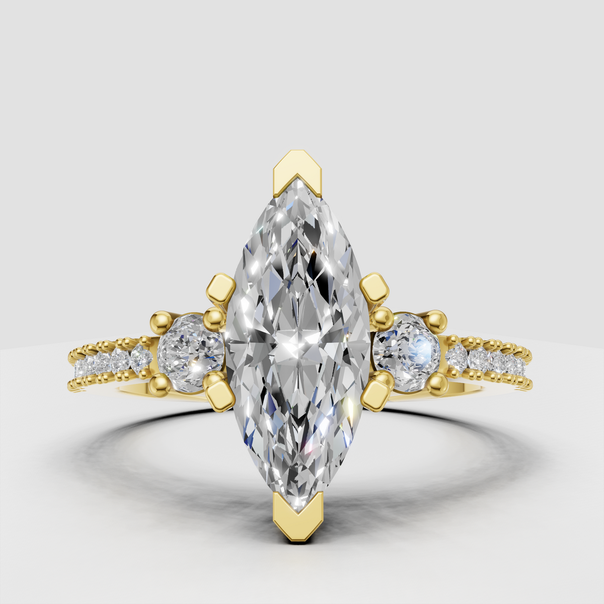 Marquise cut diamond engagement ring with yellow gold prong setting
