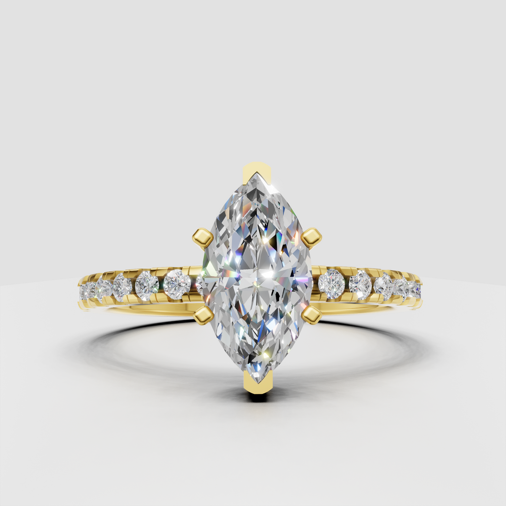 Marquise diamond pavé cathedral solitaire engagement ring in yellow gold