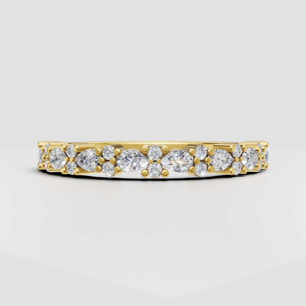Pear and round cut diamond band in yellow gold