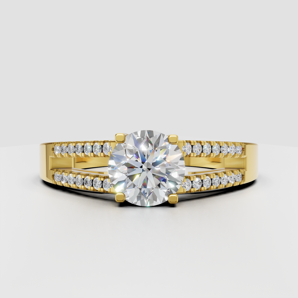Round diamond split-shank pavé engagement ring in polished yellow gold