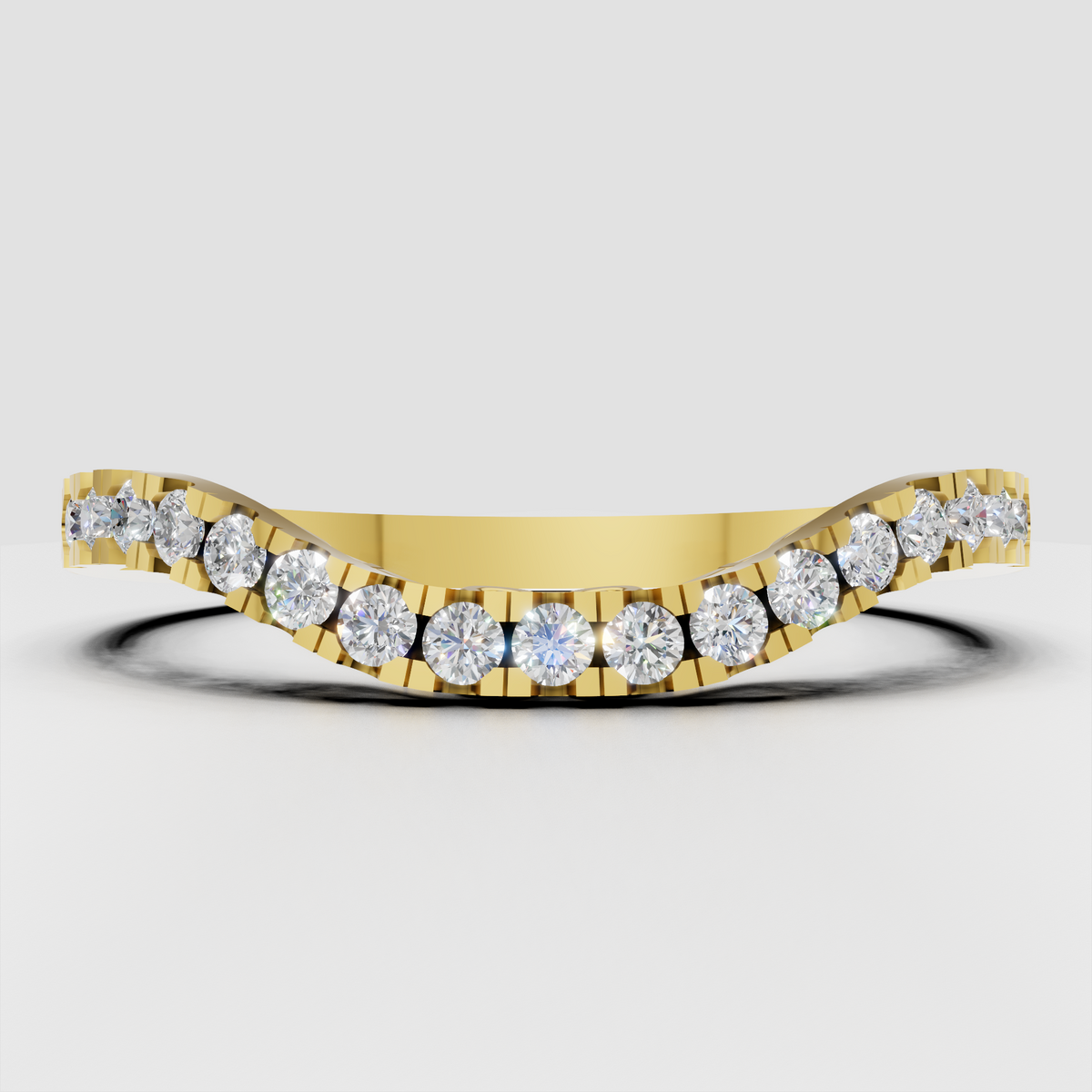 Round diamond scalloped filigree half eternity band ring in polished yellow gold