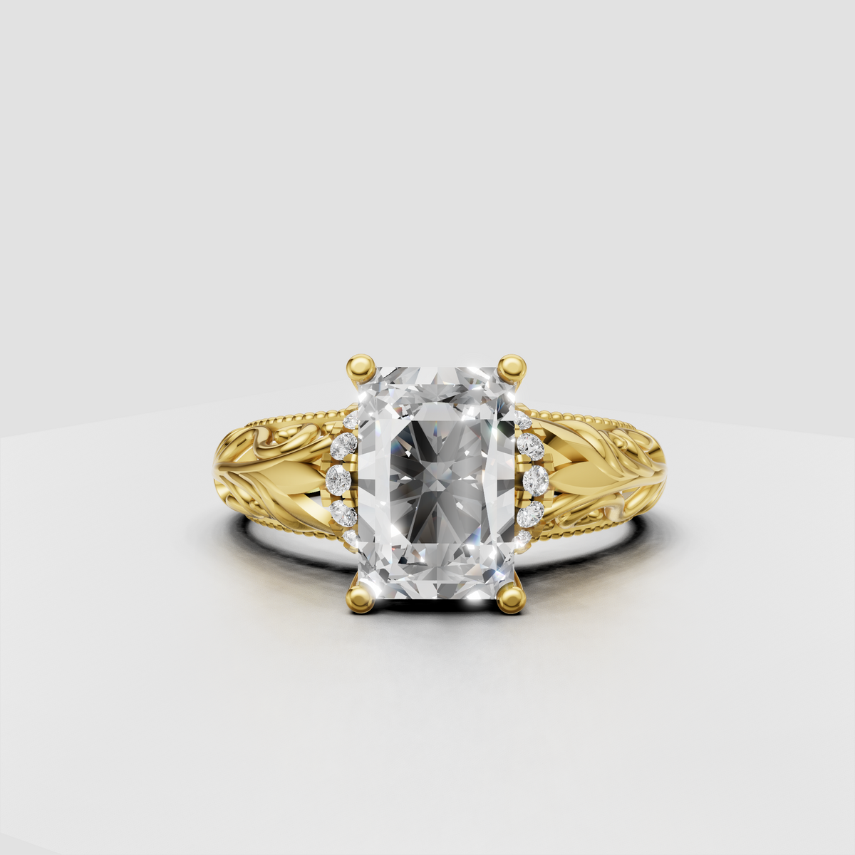 Radiant cut diamond engagement ring in polished yellow gold with vintage filigree band
