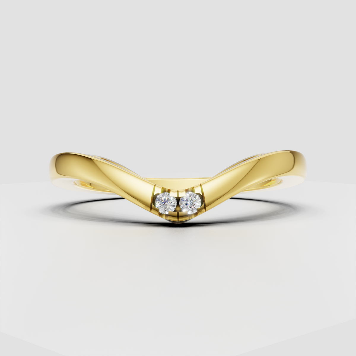 Curved diamond two-stone V-shaped chevron ring in polished yellow gold