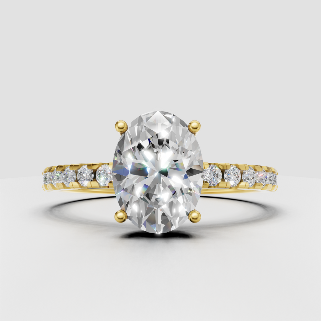 Oval cut diamond hidden halo engagement ring with pavé band