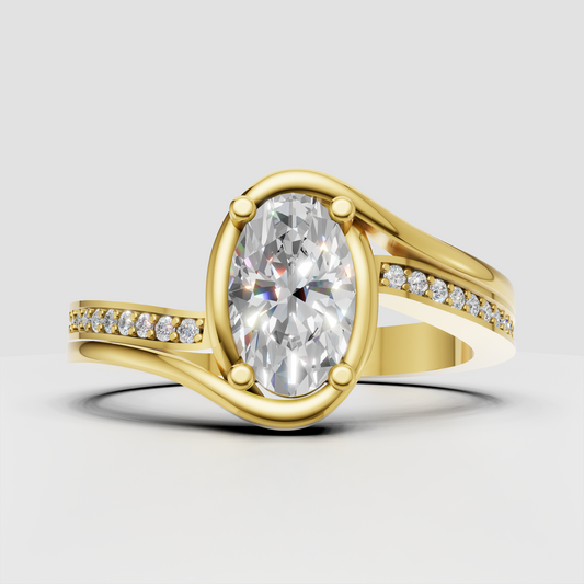 Modern bypass oval diamond engagement ring with pave band in yellow gold