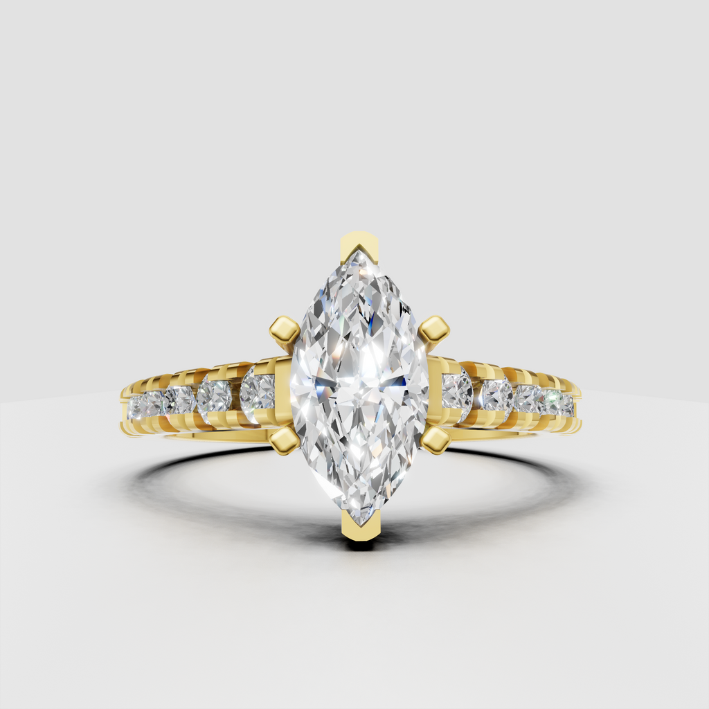 Marquise diamond six-prong cathedral engagement ring in polished yellow gold