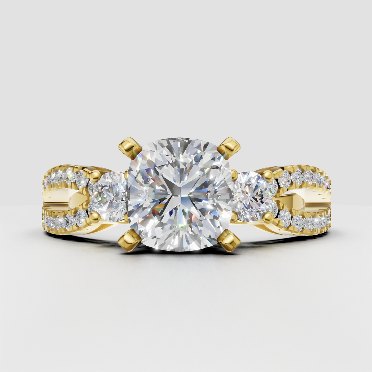 Round cut diamond three stone engagement ring in yellow gold