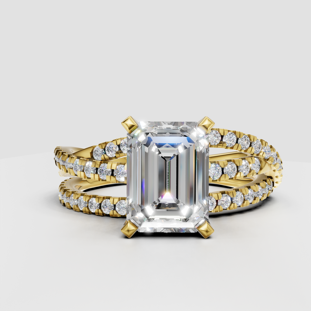 Emerald cut diamond four-prong pavé split shank engagement ring in rose gold
