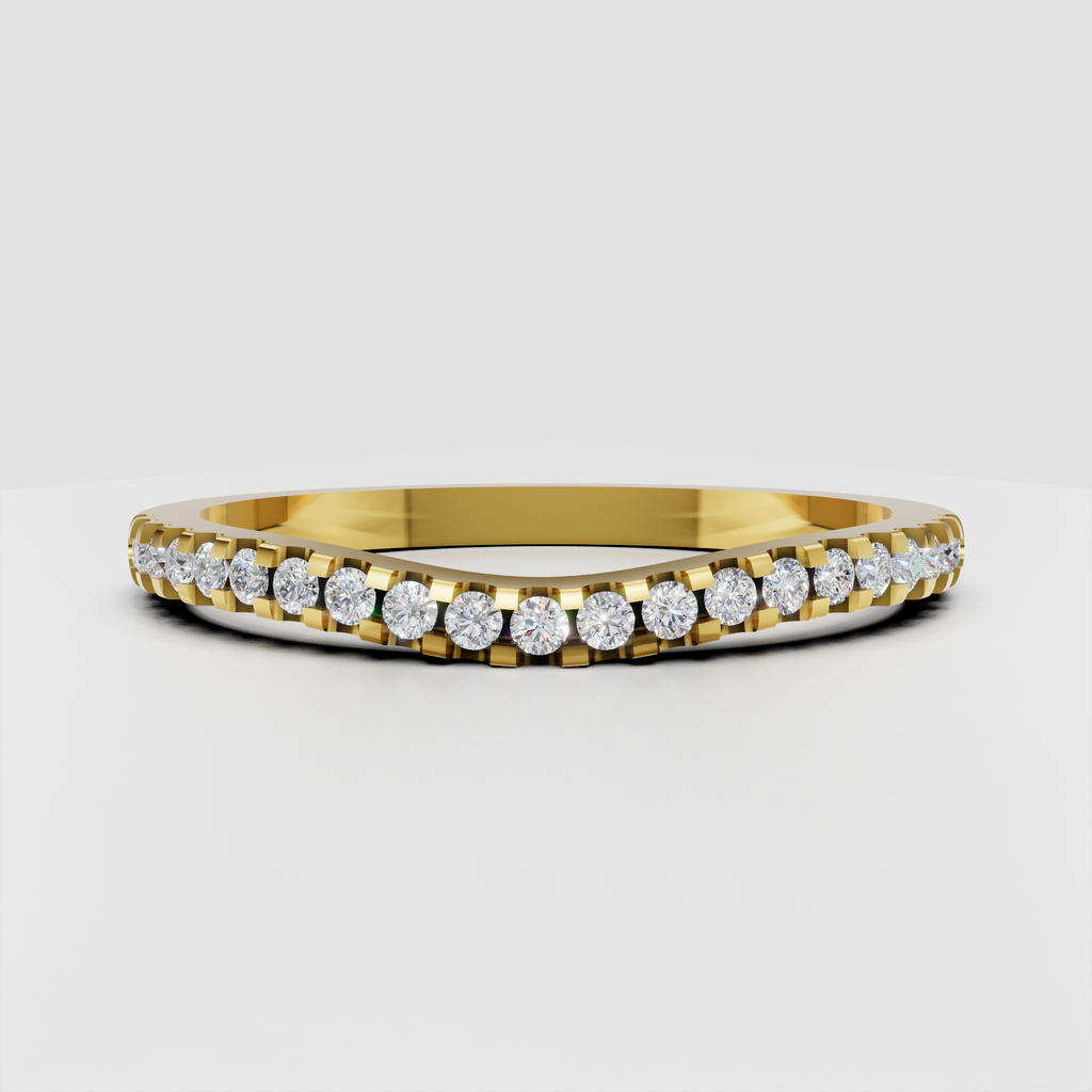 Round cut diamond half eternity wedding band in yellow gold