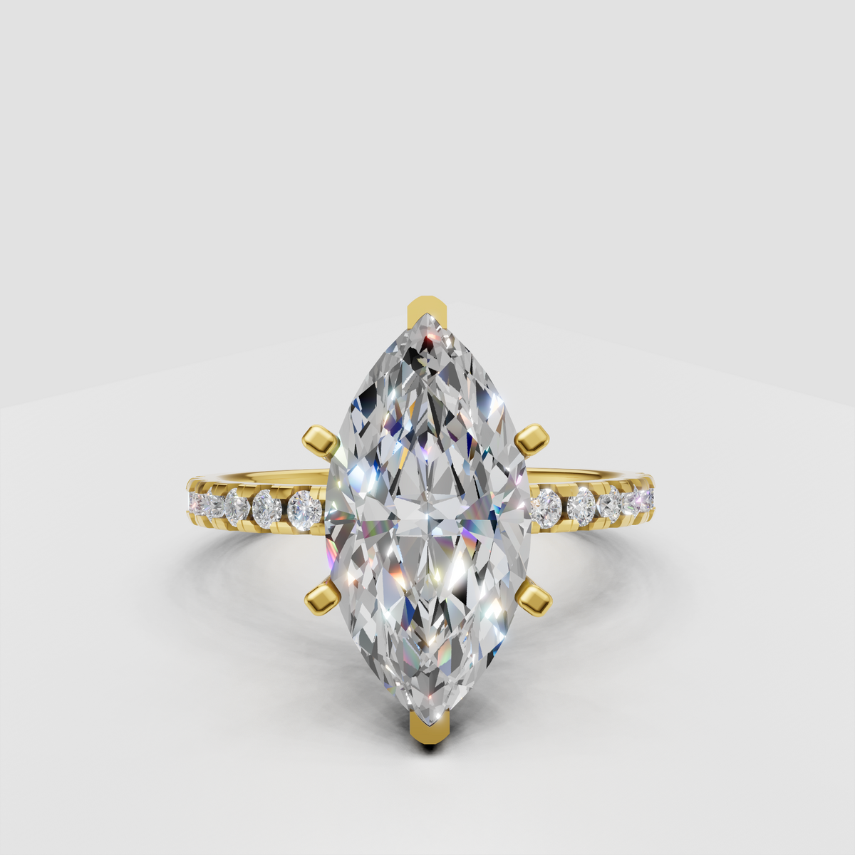 Marquise diamond cathedral pave engagement ring in polished yellow gold