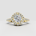 Cushion cut diamond halo engagement ring with yellow gold cathedral setting