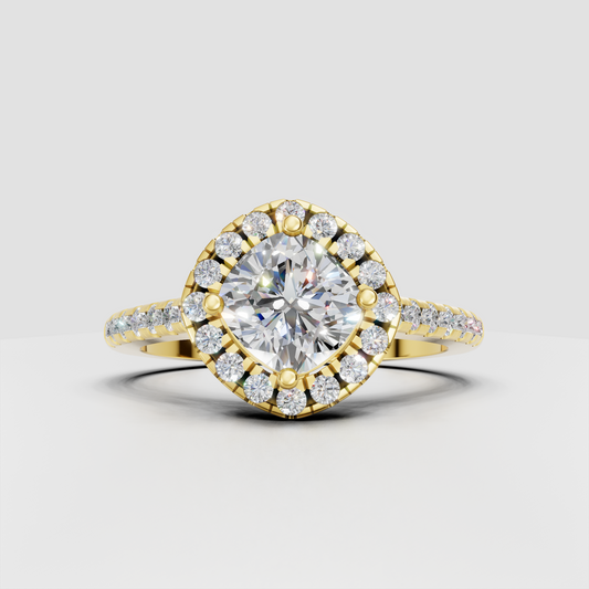 Cushion cut diamond halo engagement ring with yellow gold cathedral setting