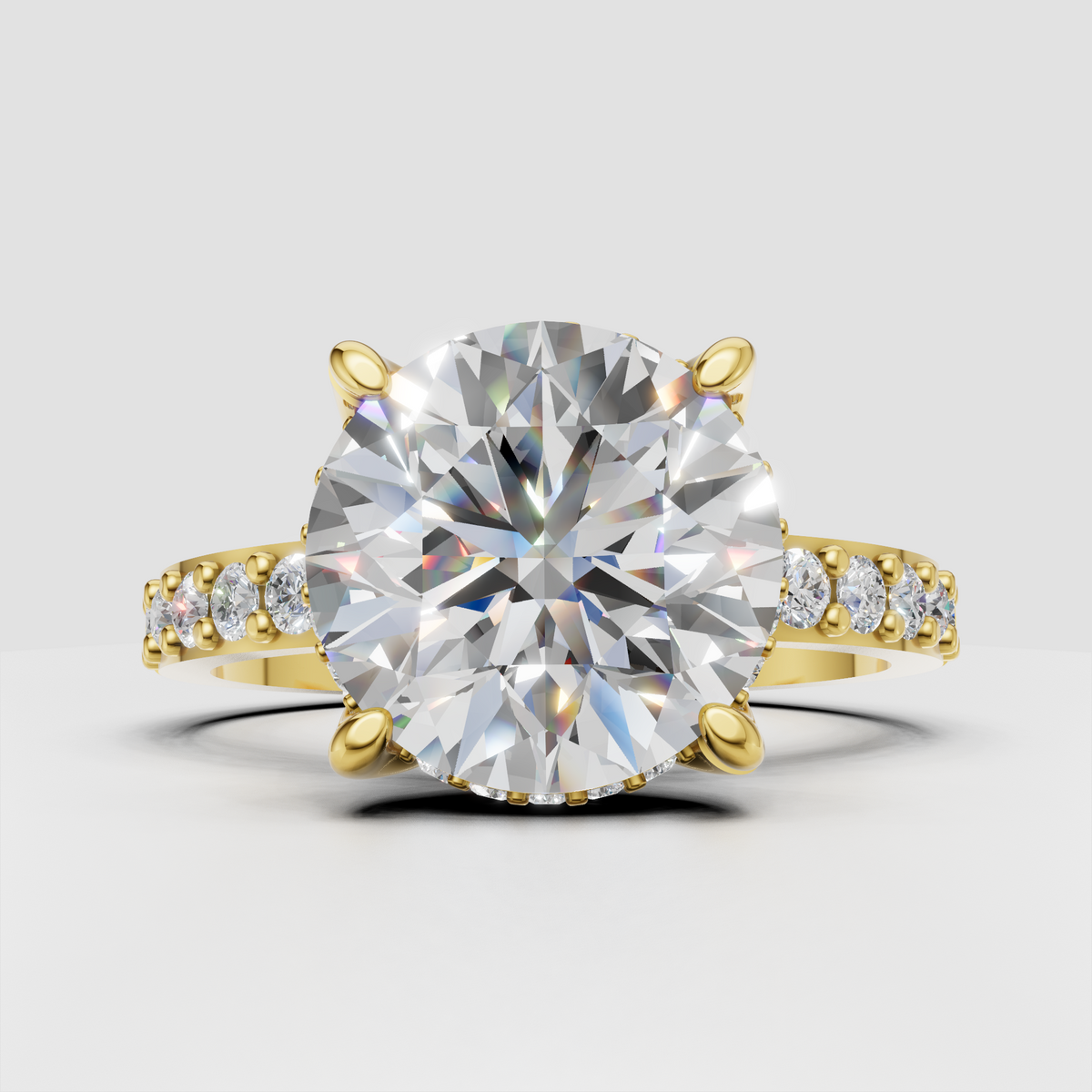 Round diamond crossover engagement ring with four-prong setting