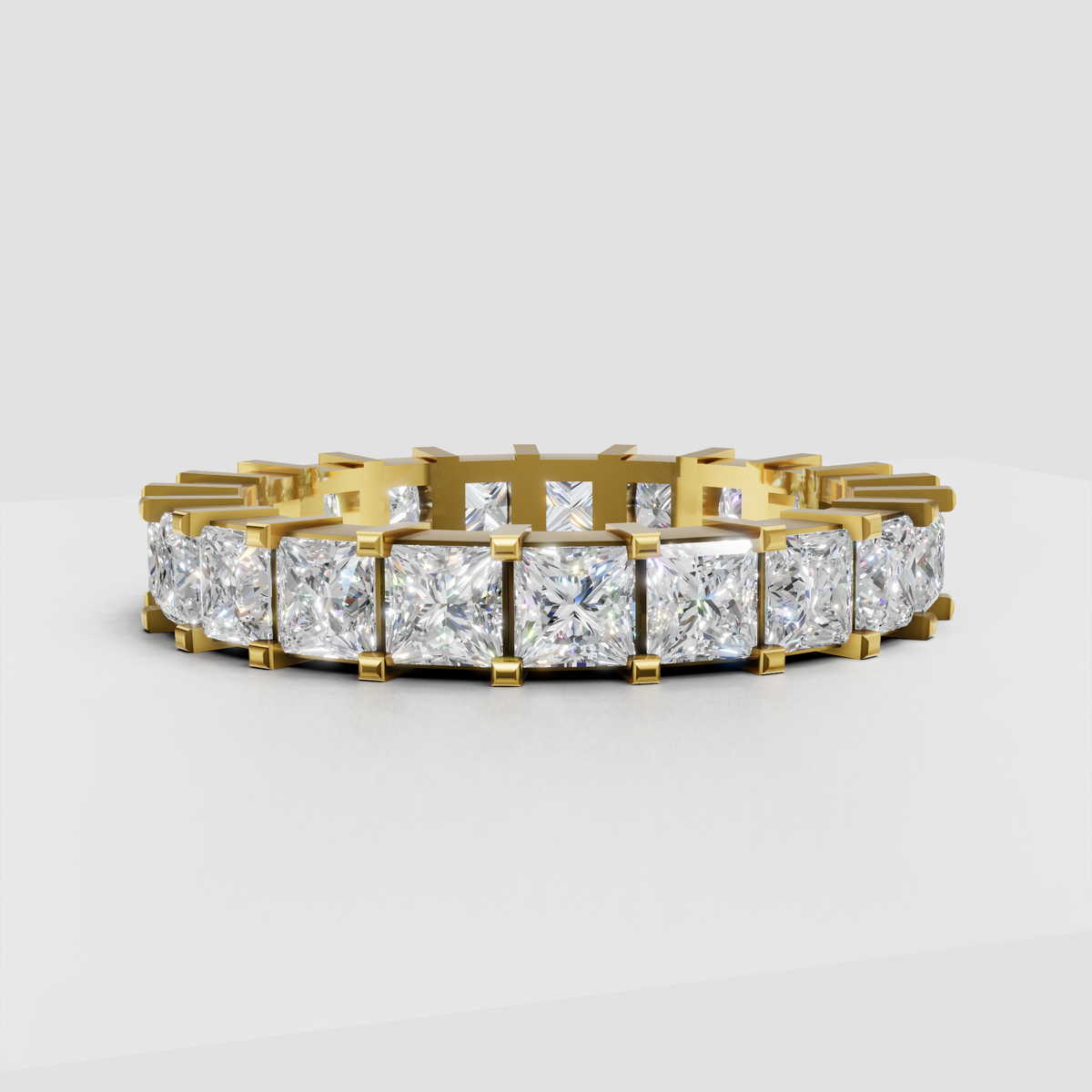 Princess cut diamond full eternity band ring with four-prong setting