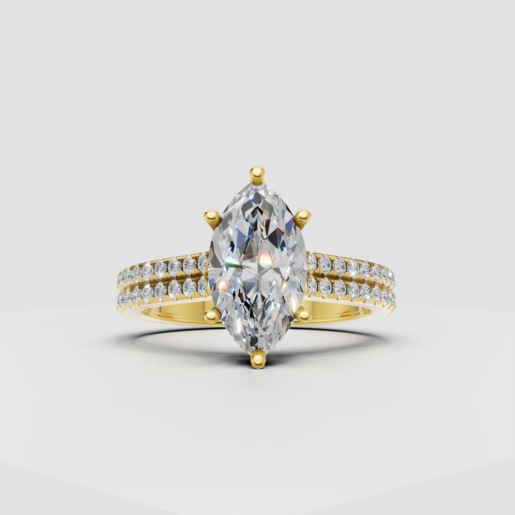 Marquise diamond engagement ring with multi-prong setting and pavé band