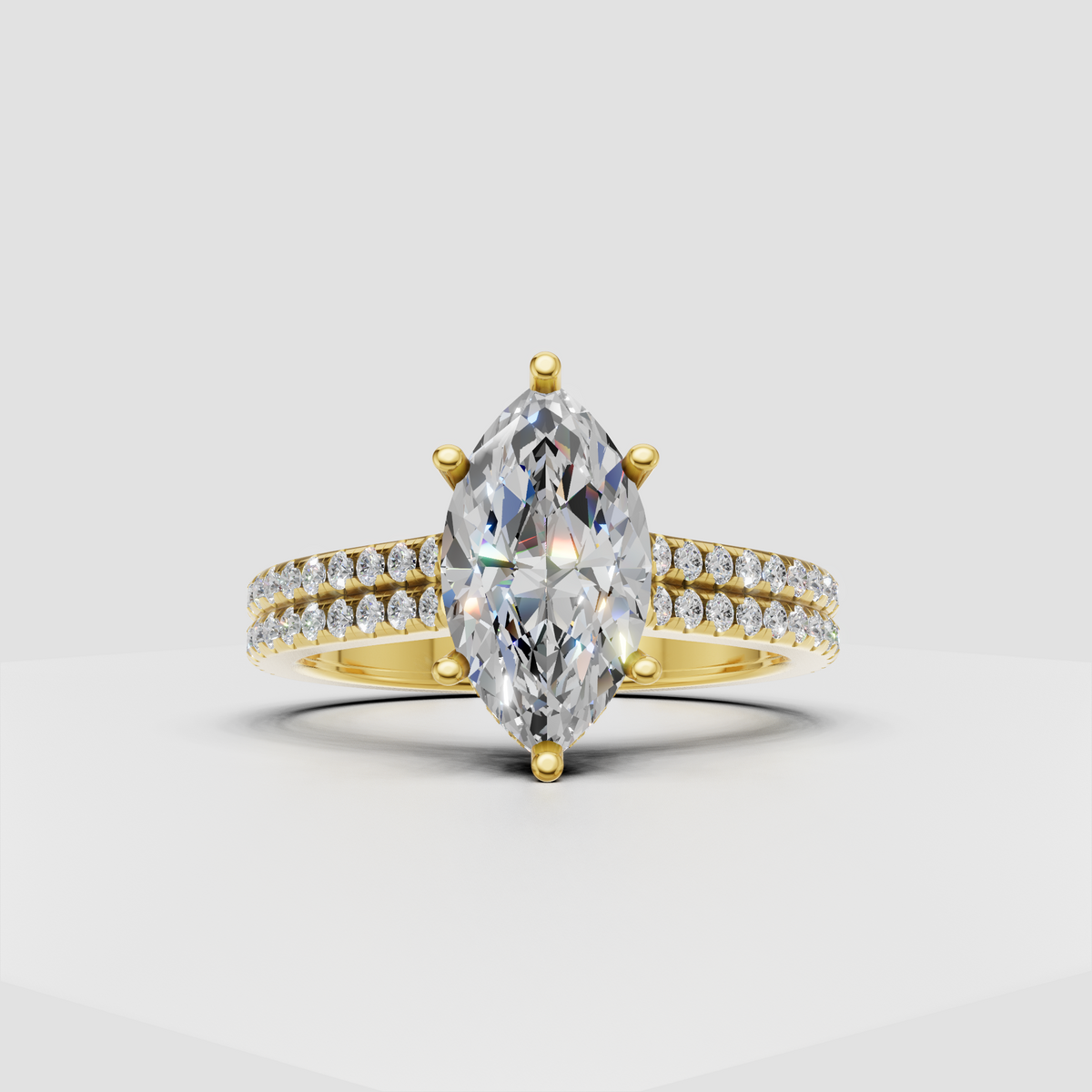 Marquise diamond engagement ring with multi-prong setting and pavé band