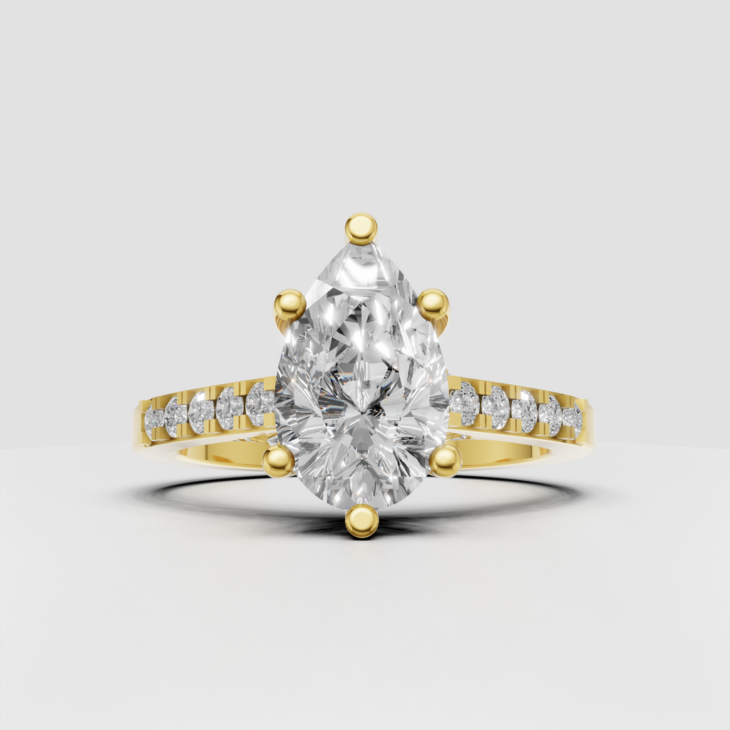 Pear cut diamond engagement ring with V-shaped split shank and round diamond accents