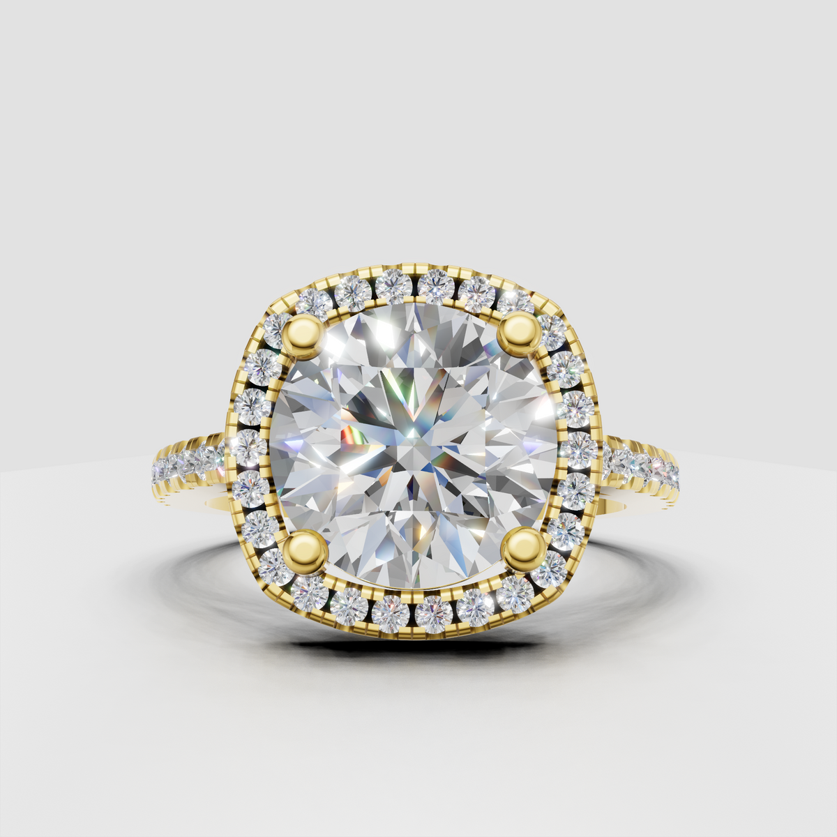 Cushion diamond halo engagement ring with pave band