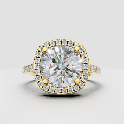 Cushion diamond halo engagement ring with pave band