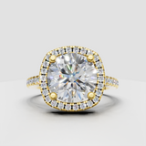 Cushion diamond halo engagement ring with pave band