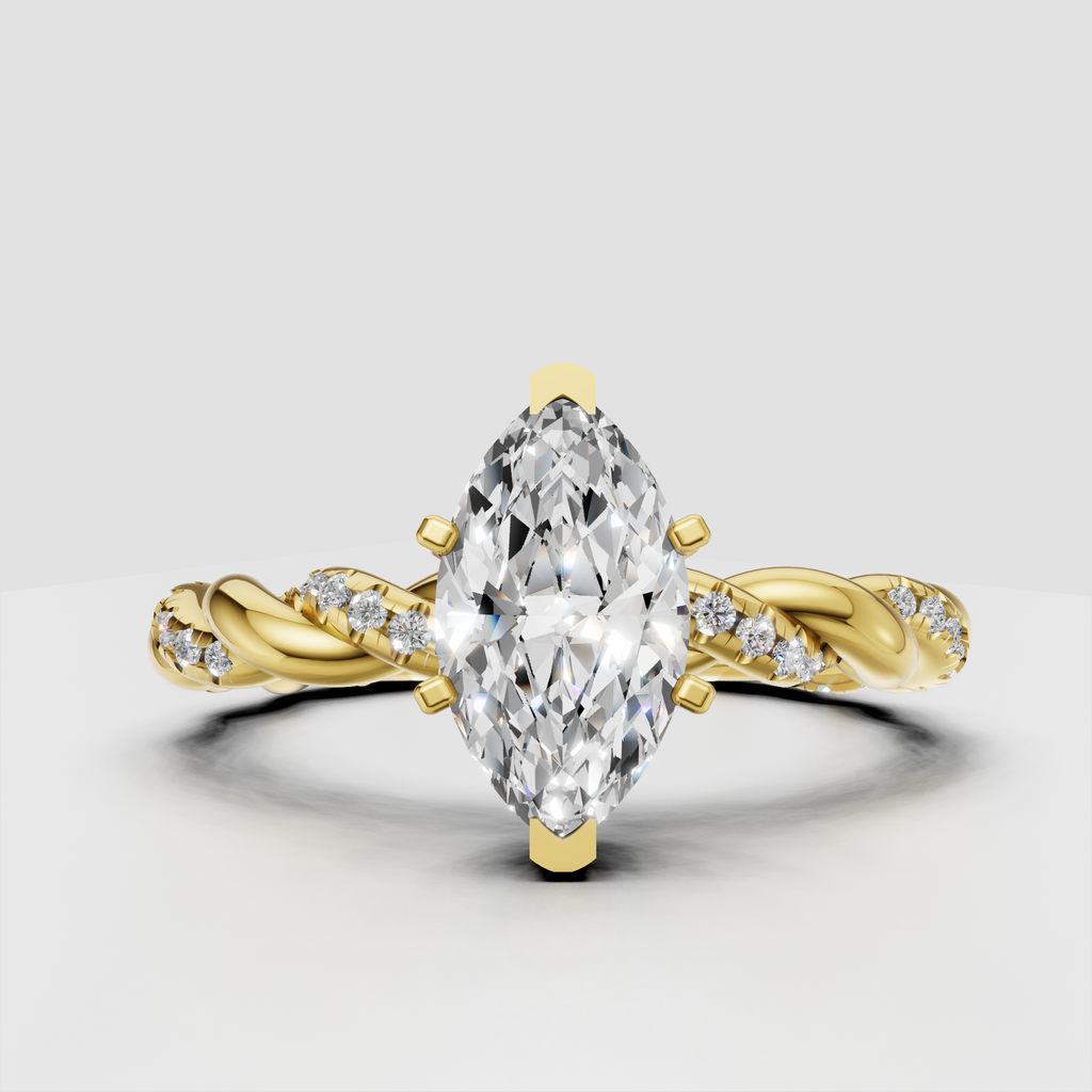 Marquise cut diamond vine engagement ring with twisted yellow gold band