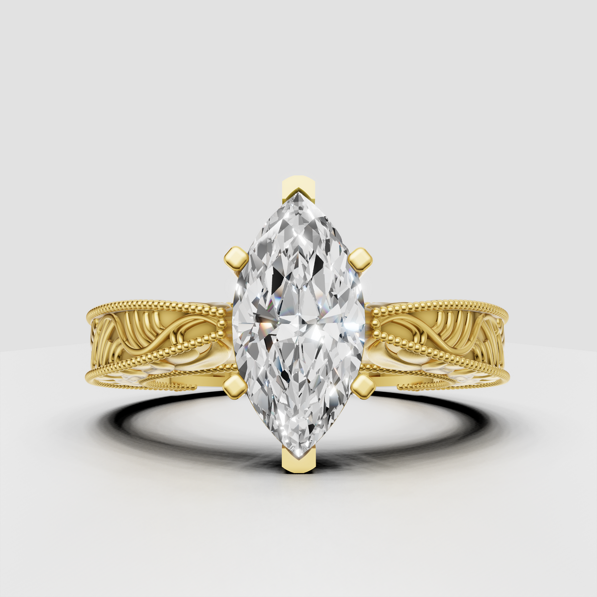 Marquise diamond vintage filigree engagement ring in yellow gold