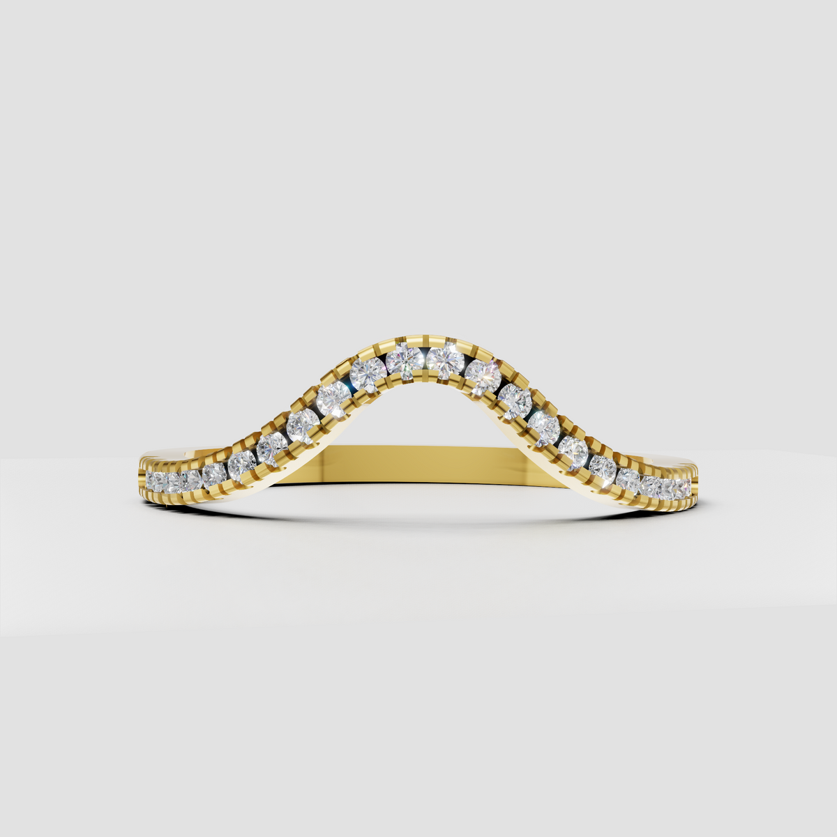 Round diamond curved pavé contour band ring in polished yellow gold