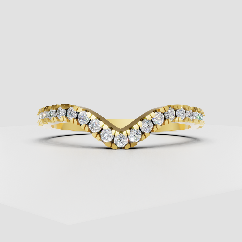 Round diamond V-shaped chevron wedding band in yellow gold