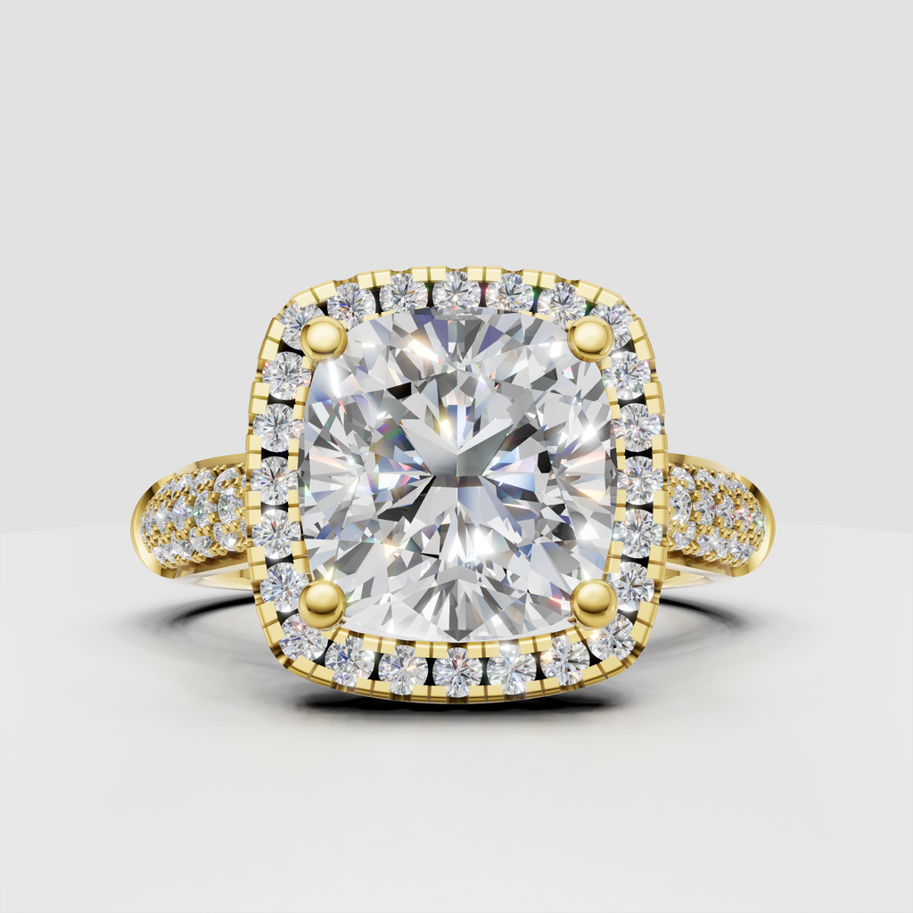 Cushion diamond halo pavé engagement ring in polished yellow gold