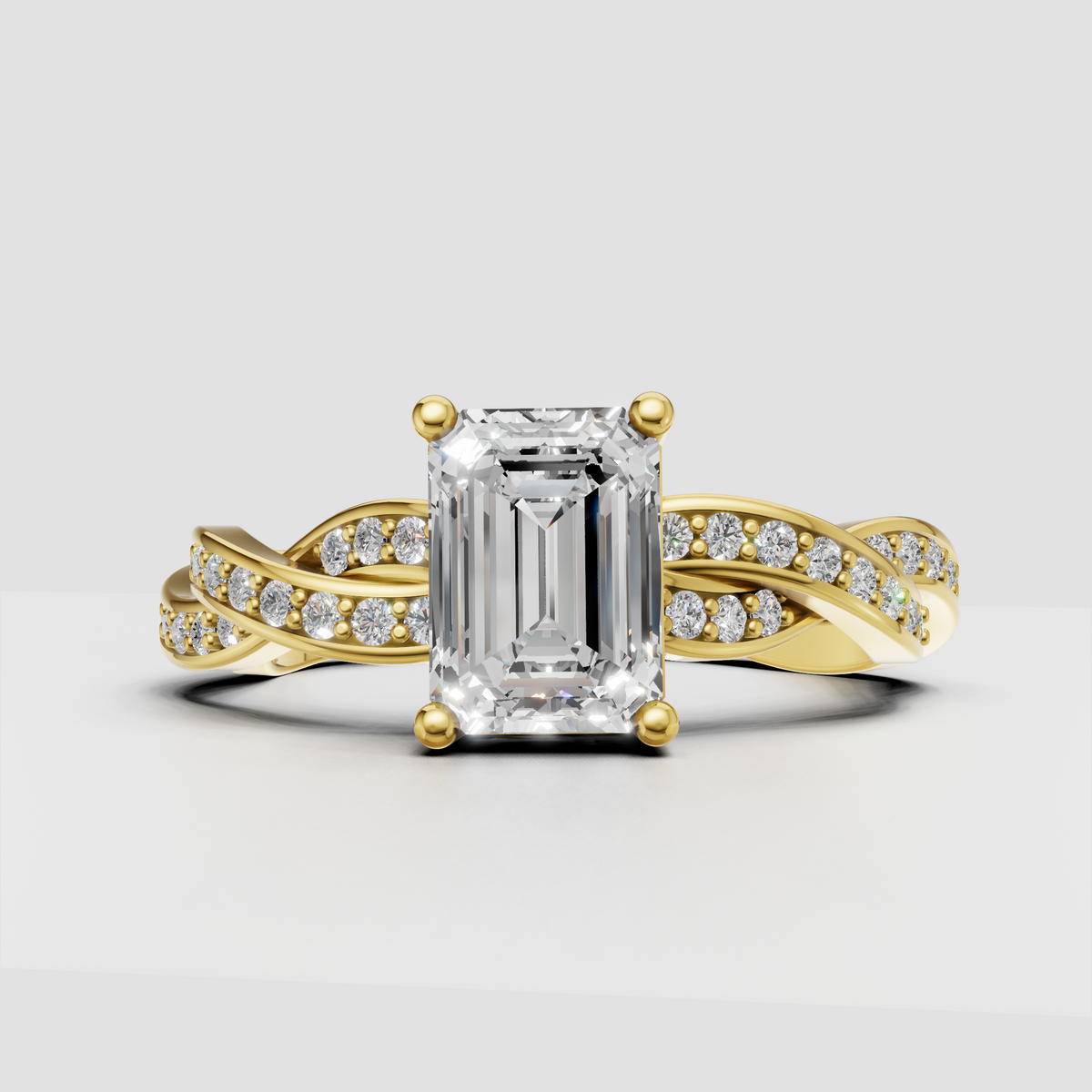 Emerald cut diamond twisted engagement ring